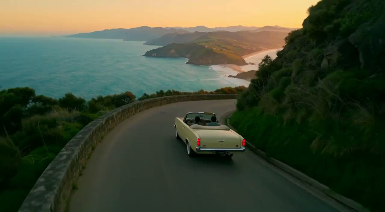 A winding coastal road overlooking the sea at sunset